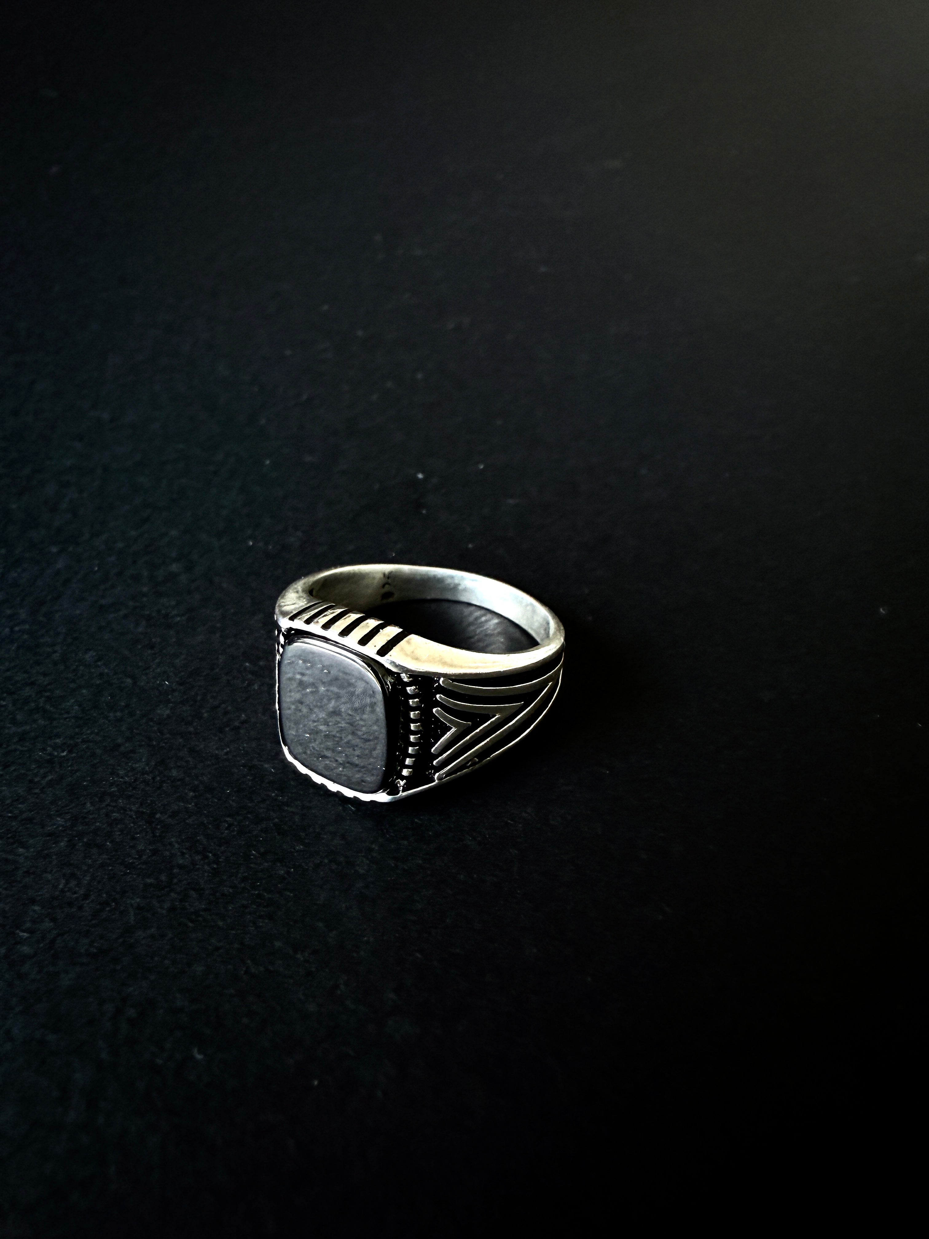 Plata 925 Anillo Sello de Hombre con Piedra Negra