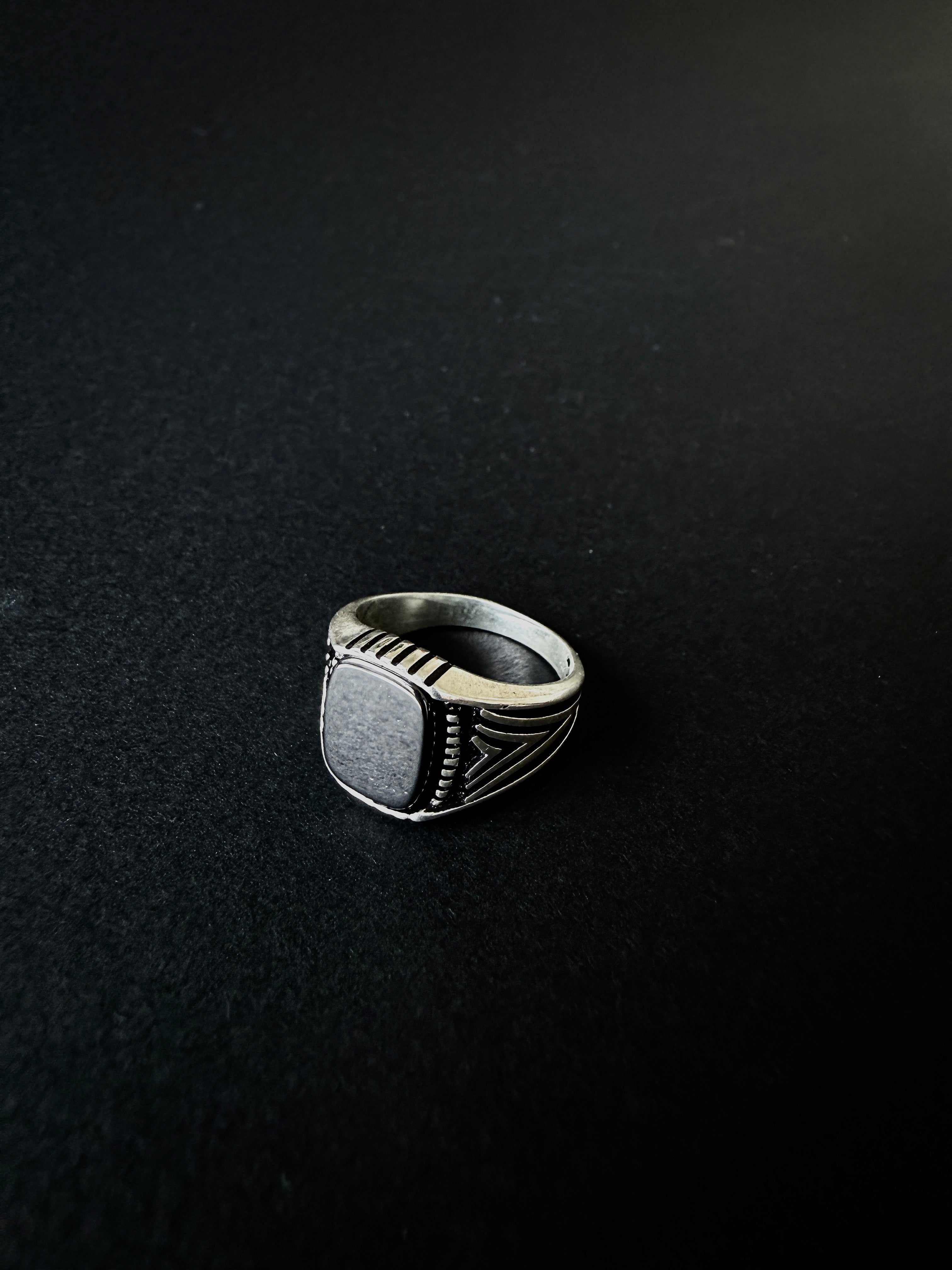 Plata 925 Anillo Sello de Hombre con Piedra Negra